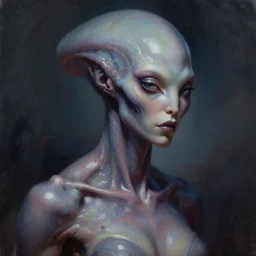 a beautiful alien woman with steel skin, painted by artgerm and tom bagshaw, fantasy art, dramatic lighting, highly detailed oil painting