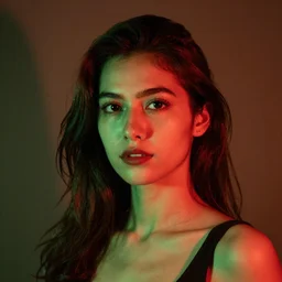 photograph of a portrait of beautiful woman ,with red and green led, 85 mm f1.4