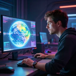 the portrait of a man staring at a glowing meaningful mulicolored monitor showing the earth on a desk in a futuristic computerworkroom, irakli nadar, fluorescent colors, octopath traveler, unreal engine 5 highly rendered, global illumination, radiant light, intricate environment, 8 k