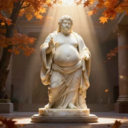 a long wide shot of a marble - statue of a chubby jedi on a base in a museum, god - rays, dramatic light, global illumination, radiant light, unreal 5, daz, hyperrealistic, octane render, dynamic lighting, intricate detail, harvest fall vibrancy, cinematic