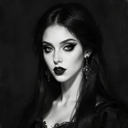 black and white digital art painting portrait of elegant gothic lady with earrings, dark background, perfect lighting, high contrast, arstation, artgerm, wlop, 4 k