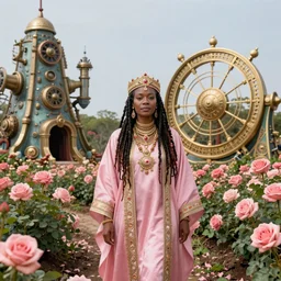 a masterpiece wide angle portrait of a regal voodoo priestess with dreadlocks wearing a pink robe near a steampunk stargate in a rose garden with a pink reflective pool, by Zdzislaw Beksinski and greg rutkowski and android jones and thomas kinkade in a surreal portrait style, oil on canvas, 8k, hd,
