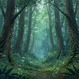 It\'s raining with bubbles in a magical forest, trending on ArtStation