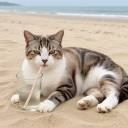 realistic photo of a cat chilling out on the beach and drinking from a glass using a straw