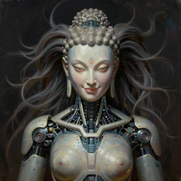 perfectly centered portrait, front view of a beautiful biomechanical cyberpunk alien android robot buddha, female, flowing hair, intense stare, sarcastic smile, symmetrical, concept art, intricate detail, volumetric shadows and lighting, realistic oil painting by alex grey and gustave dore,