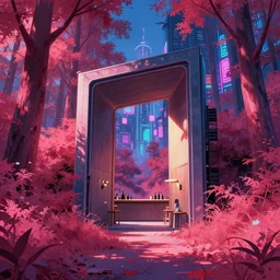 a beautiful hyperdetailed anime illustration of architecture portal by alvar aalto, forest scumm bar at dusk hyperrealism cyberpunk at dawn infrared meadow uv light neon signs sunlight flowers tokyo bladerunner 2 0 4 9 at night tron rainforest studio ghibli landscape retrowave, archdaily, wallpaper, highly detailed, trending on artstation.