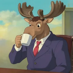 moose in a suit and tie sipping coffee from a mug by miyazaki, anime