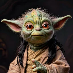 still of yoda when he was young!!. long black hair. smooth skin. face looks like young albert einstein and stuart freeborn. less wrinkles. technicolor