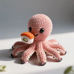 crochet octopus eating sushi, photo realistic, indoor lighting