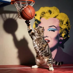 cat dunking basketball, andy warhol