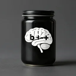 minimalistic logo of brain with typed text b + +, on black jar, advert, synthwave colours, hyperrealism,