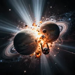 two planets colliding in a planetary explosion viewed from space by WLOP and tony sart, god rays, fantasy art, 4k, HDR, photorealistic, 8k, trending on artstation