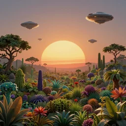sunrise in alien planet, full of vegetation, colourful plants, trees, many spaceship flying in the sky, matte painting, high detail, artstation