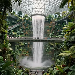 movie still frame, a waterfall inside a luxurious futuristic city dome in a lush jungle, bridges with tourists, beautiful composition, sunny, steam, 8 k, cgi, by ridley scott, james cameron, zack snyder and michael bay
