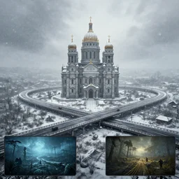 A highway interchange above a royal cathedral in a desolate swamp during a snowstorm, volumetric lighting, misty sky, portal 2 screenshot, satisfactory screenshot, outer wilds screenshot, digital art, artstationhq, Jordan Grimmer and Victor Mosquera