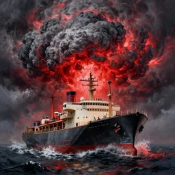 painting of sinking ships surrounded by a massive storm with red aura. immaculate scale, hyper-realistic, Unreal Engine, Octane Render, digital art, trending on Artstation, 8k, detailed, atmospheric, immaculate
