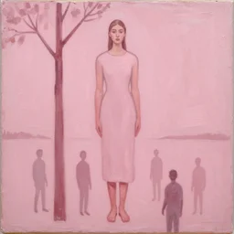 _ in _ these _ paintings _ we _ see _ a _ big and tall _ woman in a busy void space with a tree, 4 k, in the style of ben quilty, edward hooper, minimal pink palette, medium shot, three point light, oil paint with thick brushstrokes of paint, impasto, detailed,