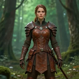 Forest hunter lady, brown leather armor, green background, epic, high fantasy, trending on artstation, artstationHD, artstationHQ, cgsociety, octane, HD 16K