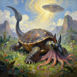 fantasy oil painting, great leviathan, cybernetic turtle cephalopod terrapin reptilian pachyderm squid, hybrid, anubis, epic, natural light, lush plants flowers, spectacular mountains, bright clouds, ufo, luminous sky, outer worlds, golden daple lite, craig mullins, michael cheval