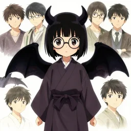 4k concept art of a cute japanese girl wearing round glasses and a long robe, with big eyes and demon wings and short black hair, drawn by akihiko yoshida and tsutomu nihei and wadim kashin and john berkey and makoto shinkai and yoji shinkawa