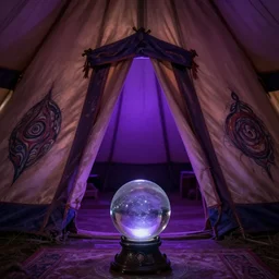 gypsy tent with a crystal ball, looking to the entrance, purple ambient glow, mysterious artwork by gerald brom, 4 k