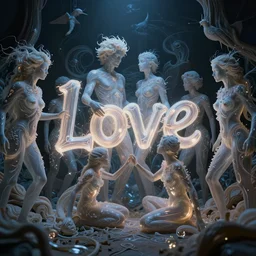 love, translucent people with glowing body paint, rebirth, wide angle, cinematic atmosphere, elaborate, highly detailed, dramatic lighting