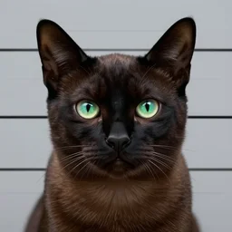 portrait mugshot of a sad looking black bombay cat, green shiny eyes, digital art, symmetrical face, hd, wallpaper, 4 k