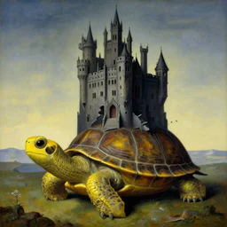 the eternal gothic castle of broken dreams, on top of a giant yellow turtle, by magritte, dali, breton, masterpiece, symbolism, surrealism, landscape, oil on canvas, 8 k