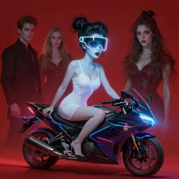 techno net data laser rider, pinup visor girl elegant, ethereal horror fantasy art by greg rutkowski, jeremy mann, magali villeneuve and claude monet, red background