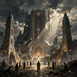 a matte painting background of a religious scifi location by greg rutkowski, gaston bussiere, craig mullins