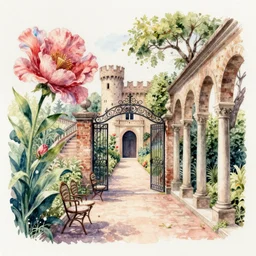 courtyard walkway, castle, stairway, chairs, wrought iron, gate, tree, delicate, botanic garden, garden road, botanical herbarium paper, watercolor colored painting, iridescent colors, 8 k, realistic shaded, fine details, artstation, italian style, colonnade, huge flower