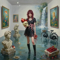 painting of an emo girl in a flooded art gallery, holding a skull, pomegranates, octopus, long black boots, flooded, stone sculptures, art on the walls, tropical fish, zen, waterfall, black swans, bicycle, berries, surrealist, by magritte and monet
