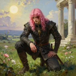 medieval noble male with pink hair and pink bangs which partly cover his face, full body view, dramatic pose, blood on his face, photorealistic oil painting, sun in the sky, bloom, green grassy land and white marble columns in the background