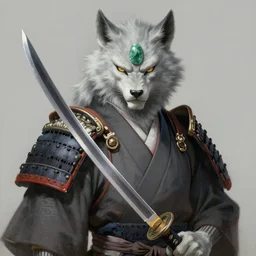 masterpiece painting of a Japanese Armored Werewolf, angre face, jade stone on forehead, wearing Kimono with a large Katana, light grey fur, featured in artstation, concept art by Greg Rutkowski, WLOP, Dan Mumford, Christophe Vacher