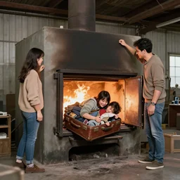 a perfect photograph of a family squashed into a suitcase and thrown into a furnace in a warehouse