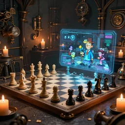 a beautiful tapestry of a futuristic holographic chessgame, ultra detailed, atmospheric lighting, steampunk, moody, candles, characters from machinarium, by don bluth, trending on artstation, octane render, 8 k, ultra realistic