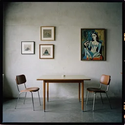 kodak portra 4 0 0, 8 k, wide flashlight shot of a highly detailed, britt marling style, colour still - life portrait of a large minimalistic room, rough concrete walls, square pictureframes, a picasso painting, a 1 9 6 0 s table, 6 0 s chair,