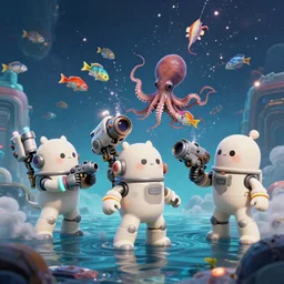 under ocean deeply, scifi scene, universe landscape, three cute monsters, hold mechanical weapons, wearing brand of off white style, catching colorful fishes + sepia + octopus, with depth of field, octane render, neon hand sports bracelet, standing on the water ground, with splatoon + ratchet & clank : rift apart style, smoke war, comic paint, anorld render, unreal engine render, vfx, octane render, highly quality, artstation, 4 k,