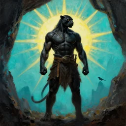muscular black panther barbarian hunter  full body pose, sun rays , small bird sihouettes  in cyan background , very textured detailed  oil painting by rembrandt , hard backlight , in dark cave