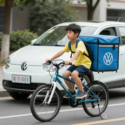 a boy on a bike delivering volkswagens,