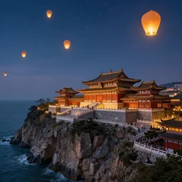 a majestic chinese palace stands on a cliff by the sea with beautiful sky lanterns flying in the sky by adolph menzel and fenghua zhou, trending on artstation, at night time, dreamy, fairy tale, expansive view, ultra wide angle, uhd, super resolution, massive scale.
