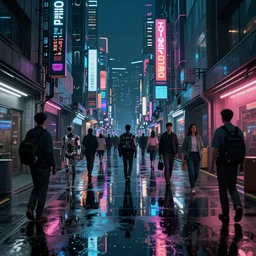 a cyberpunk alley in future tokyo at night, android foot traffic, reflections on wet ground by sachin teng and pascal blanche nekro josan gonzalez rhads ruan jia. in style of digital art. cinematic lighting, film noirs, symmetry, vibrating colors, hyper detailed. octane render, artstation, clear, sharp, straight lines