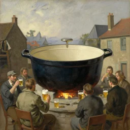 a huge dutch oven in the town. the dutch oven has people drinking beer in front of it, oil on canvas