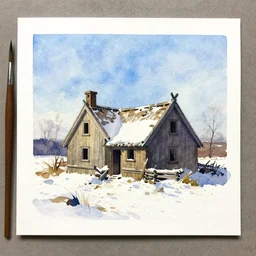 small centered on watercolor paper, paint brush strokes, abstract watercolor painting of ancient viking house ruins in snow, daylight, blue sky, cinematic light, national romanticism by hans dahl, by jesper ejsing, by anders zorn, by greg manchess, by tyler edlin
