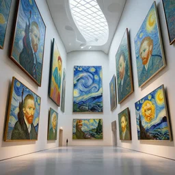 interior futuristic art gallery wide angle highly detailed by santiago calatrava, many wall hanging paintings of art by van gogh, captivating 8 k hdr, octane render godrays hyperrealism