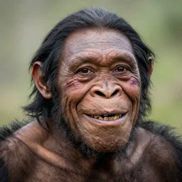color photograph of a smiling neanderthal with a missing tooth and face scar., photorealistic, 4 k, nikon, cannon
