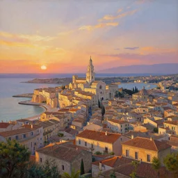 A painting of a panoramic view of Pescara at sunset, by Greg Rutkowski and James Gurney, trending on Artstation, highly detailed