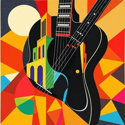 guitar, notes, rainbow geometric architectures blend with organic shapes, pop surrealism, essence of street forms, geometric structures and multicolored prints in style of sonia delaunay, high detail, symmetry, poster