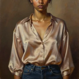 detailed portrait in femininity, ethnic, realistic face sculpted features, statuesque model, modern fashion, billowing silky blouse and jeans, warm glow, supple, bathed in light, chiaroscuro, specular highlights, angular impressionism, radiosity, natural color scheme, deep rich tones, contemporary art, oil on canvas