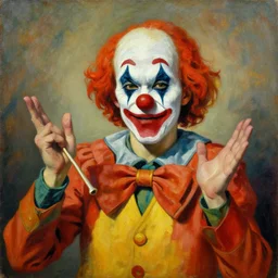painting of a capitalist clown with chaotic evil intent, socialist realist style